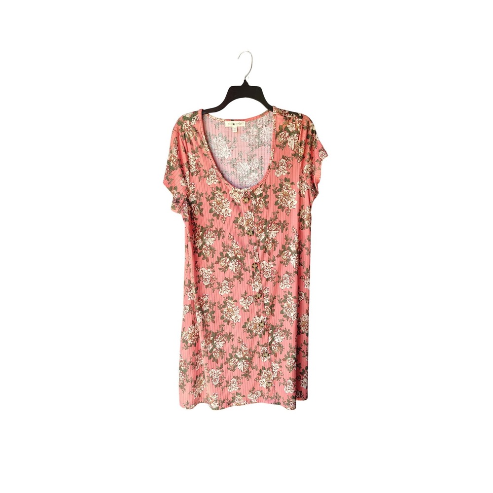 Full Circle Trends Womens 1X Coral Pink Floral Ribbed Knit Button Front Dress‎